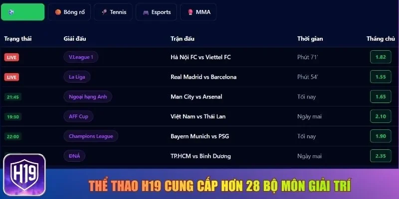 Thể thao H19 cung cấp hơn 28 bộ môn giải trí